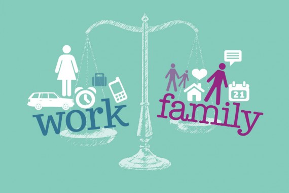 Sketched balancing scales with digital illustrations posed on either side. The slightly lower side has "work" text, a person, a cellphone, a briefcase, a clock, and a car. The slightly higher side has the text "family", with a person talking, a calendar, a house, a heart, and an adult and child holding hands. 
Work-Family Life Balance would be helped with Business Systems.