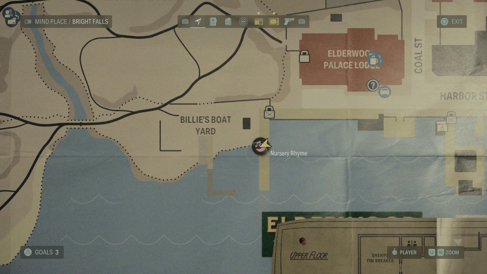 An in game screenshot of the Bright Falls map from Alan Wake 2. 