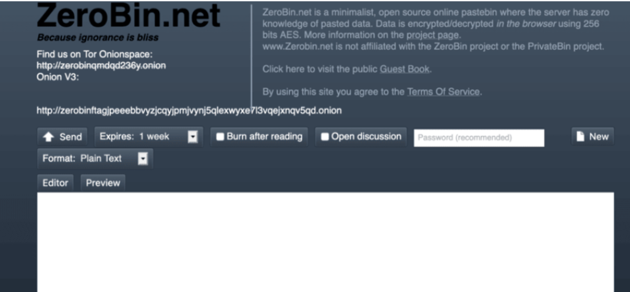 Schermata della pagina web di ZeroBin