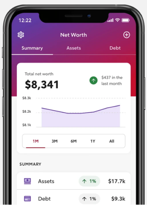 A cell phone displaying Rocket Money's Summary screen with total net worth, change since the previous month, and a summary of assets and debt.