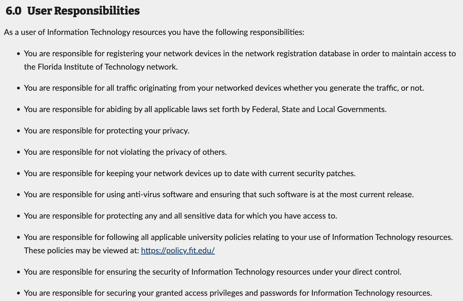 BYOD (bring your own device) employee policy example: Florida Institute of Technology