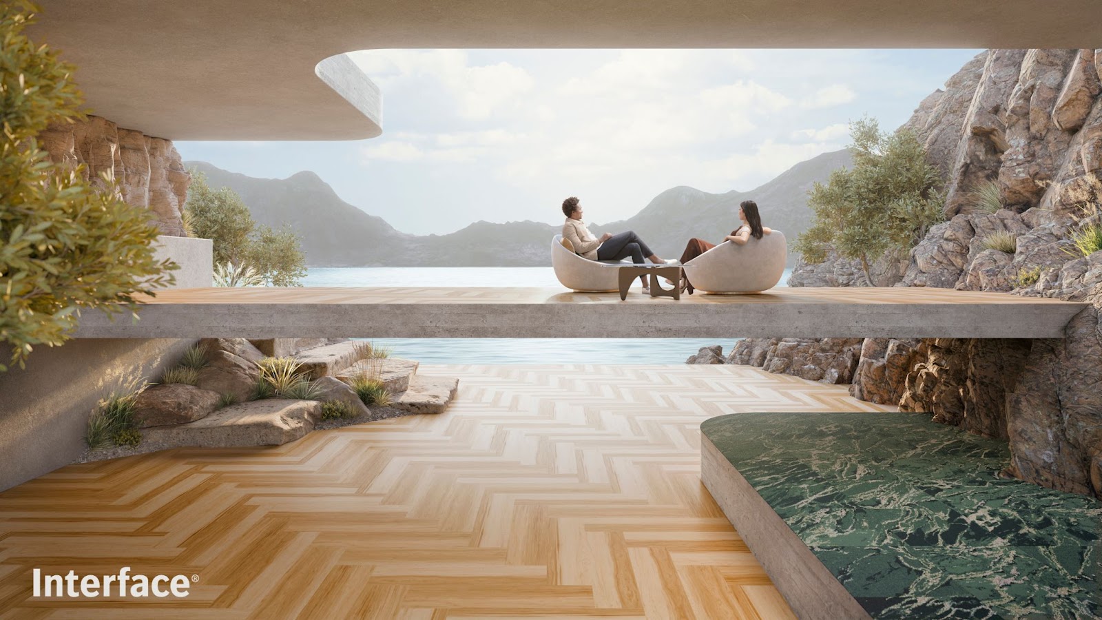 CGI enhanced advertising photo for flooring company, with two seated figures in lofted futurist modern sitting balcony, overlooking lakeside mountainscape, herringbone-pattern wood flooring in foreground, by Pamplona-based photographer Mikel Muruzabal. 