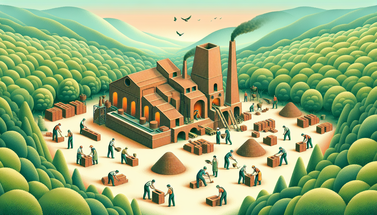 Illustration of a historical brick factory in a lush, hilly landscape, depicting workers in various stages of brick-making, showcasing the traditional methods and labor involved in brick production.