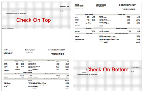 printing pay stubs example with check on top or check on bottom