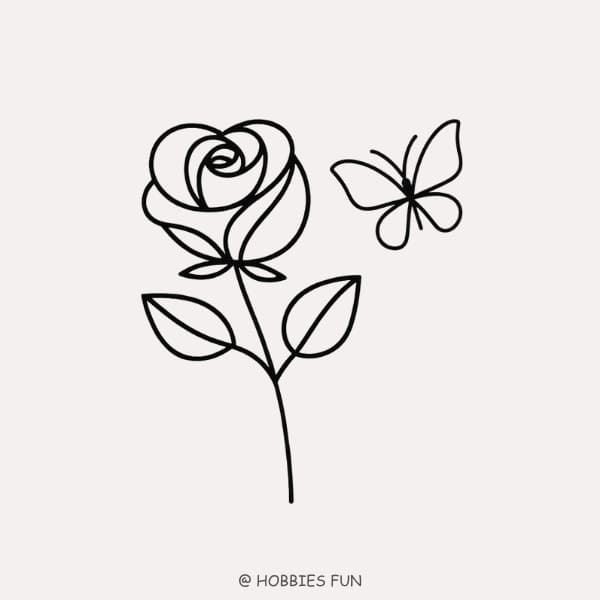 easy to draw rose, Rose with Butterfly