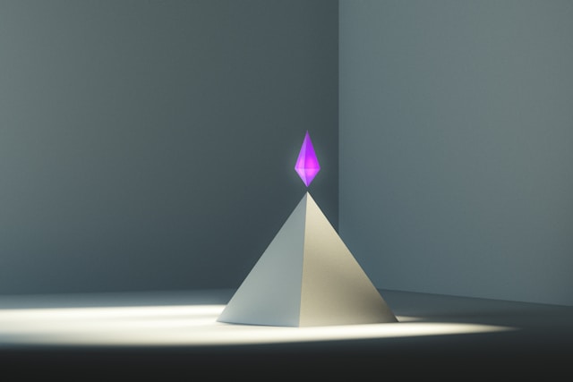 Abstract image of a white pyramid with a glowing purple crystal atop, placed in a dimly lit room with focused lighting on the pyramid, symbolizing data visualization.