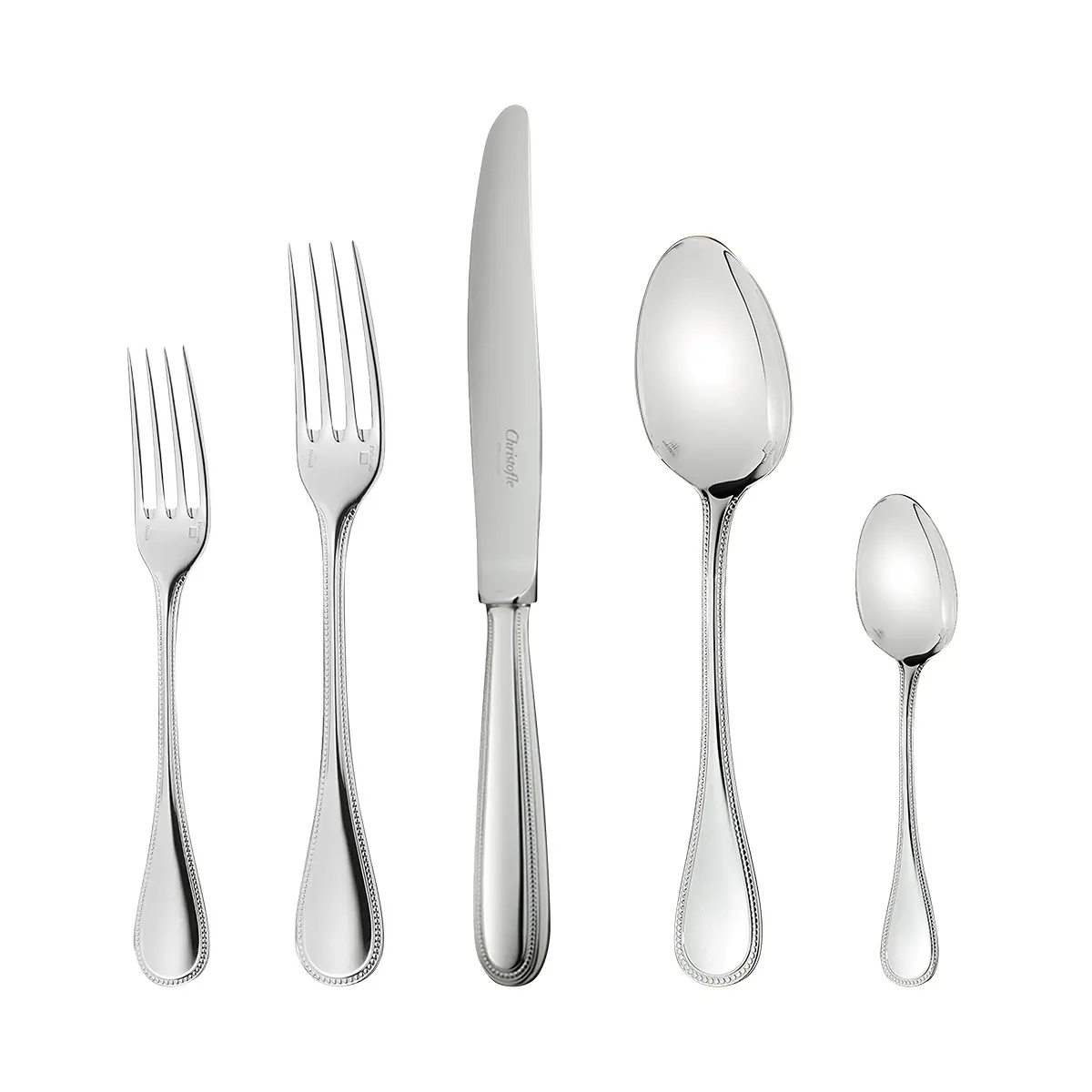 Beautiful mirror finished beaded sterling flatware set by Christofle on a white background.