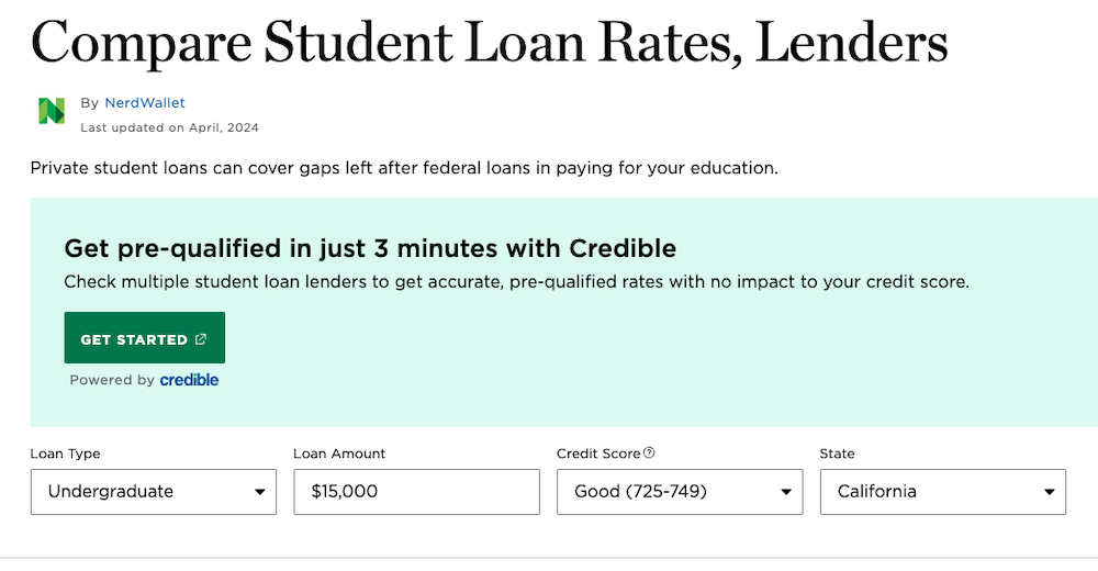 Compare student loan rates NerdWallet example