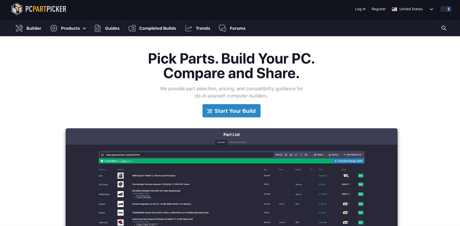 Niche website design example: PC Part Picker