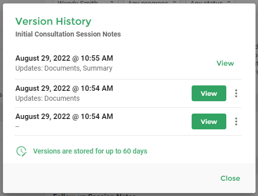 Screenshot of the Practice Better interface displaying the version history of initial consultation session notes.