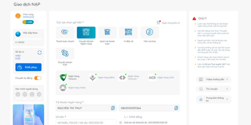 Hướng dẫn cách thức nạp tiền qua Internet Banking