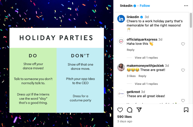 LinkedIn holiday content on Instagram