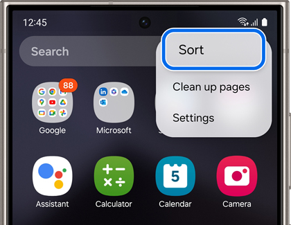 Sort highlighted on the Apps screen of a Galaxy phone