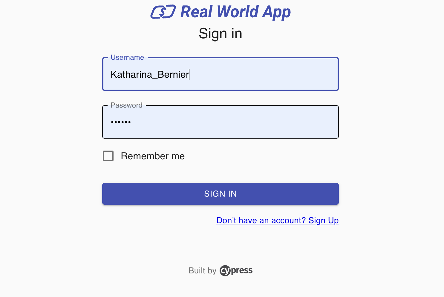 Cypress Real World App Sign In as Kathrina_Bernier