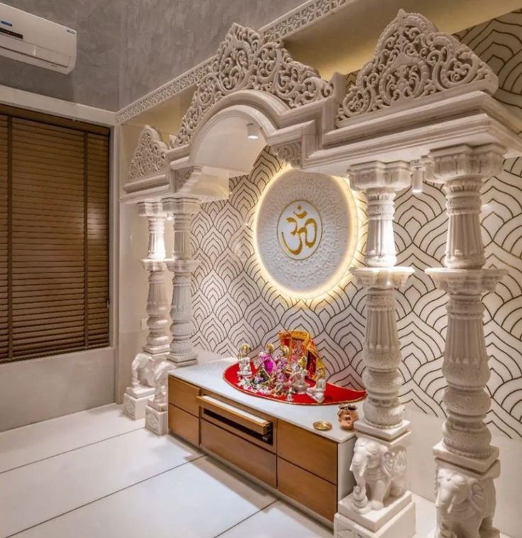Pooja Room with a Stunning Marble Arch Design