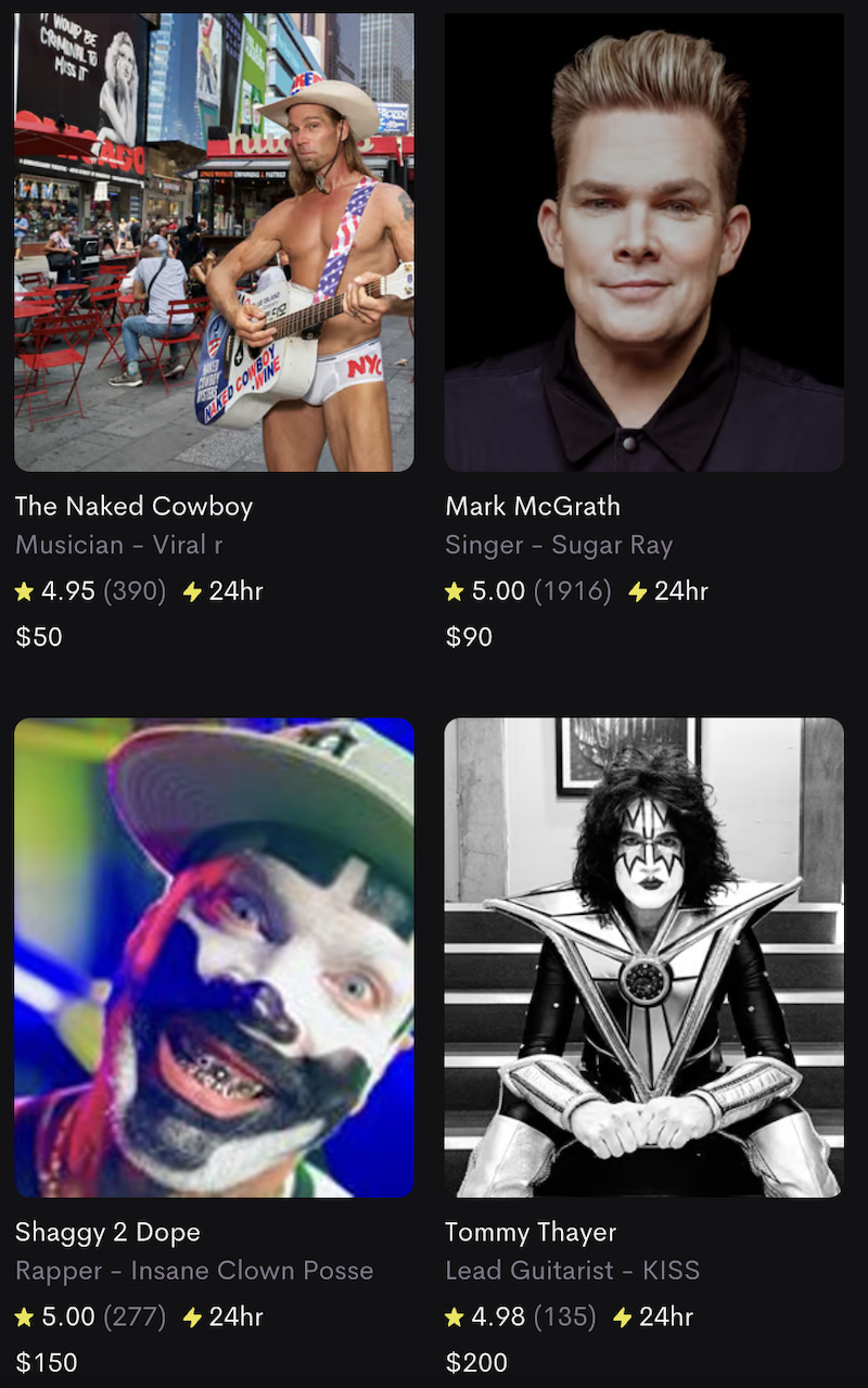  Screenshot of some of the available musicians on Cameo, including the Lead Guitarist of KISS, Mark McGrath from Sugar Ray, and a semi-naked cowboy from Times Square.