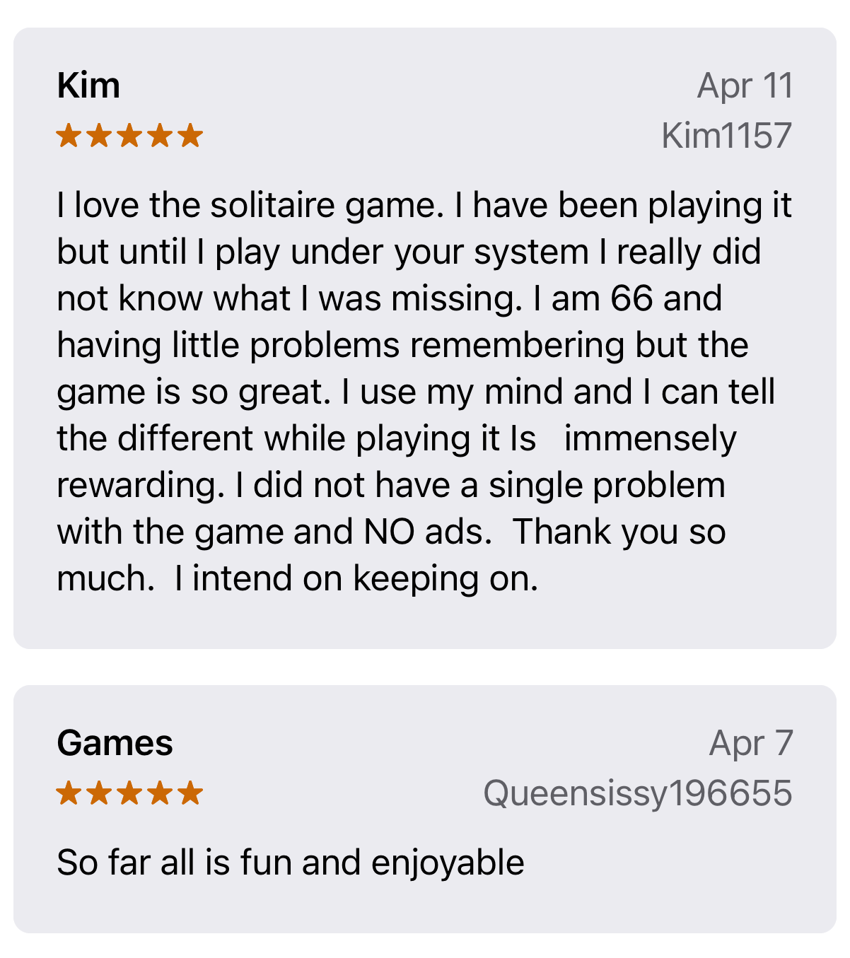 Two Apple App Store reviews from Test'em All users who enjoy playing with no ads. and find the games fun. 