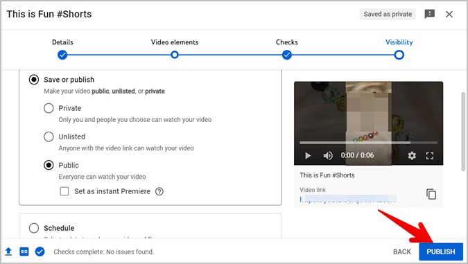 youtube shorts visibility and publishing option