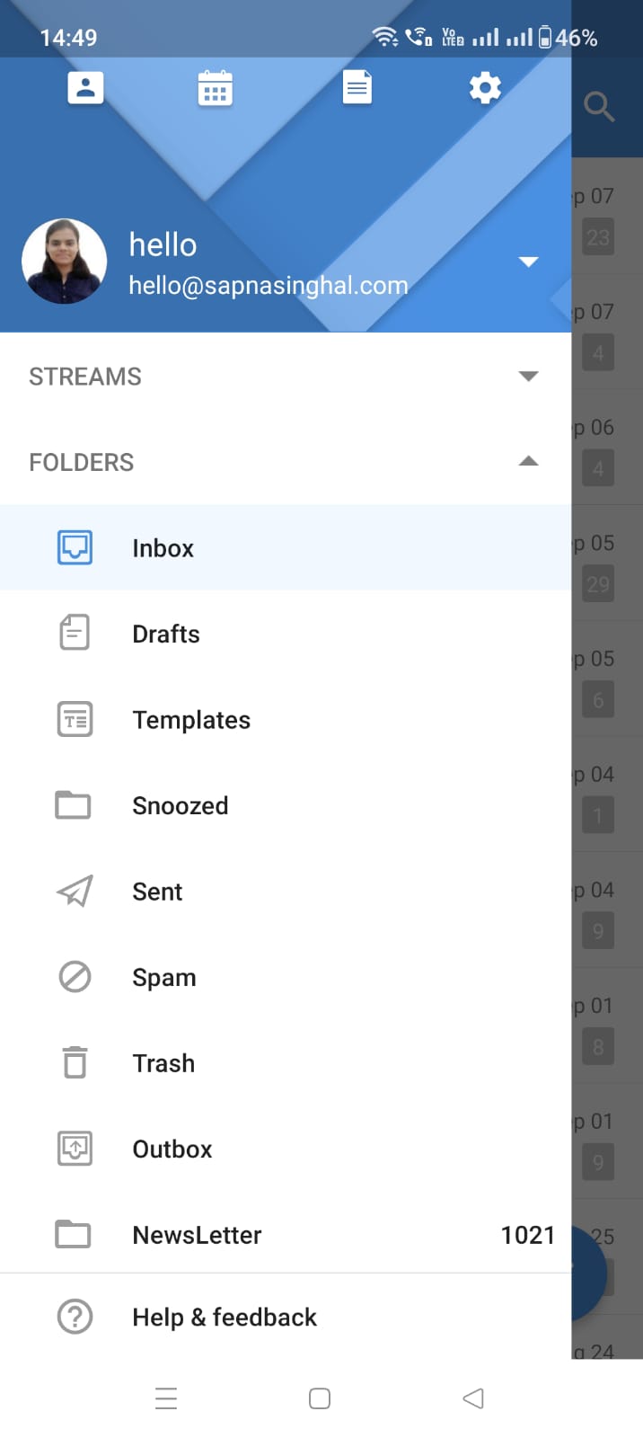 An interface of Zoho mail inbox including 'Help and Feedback' section