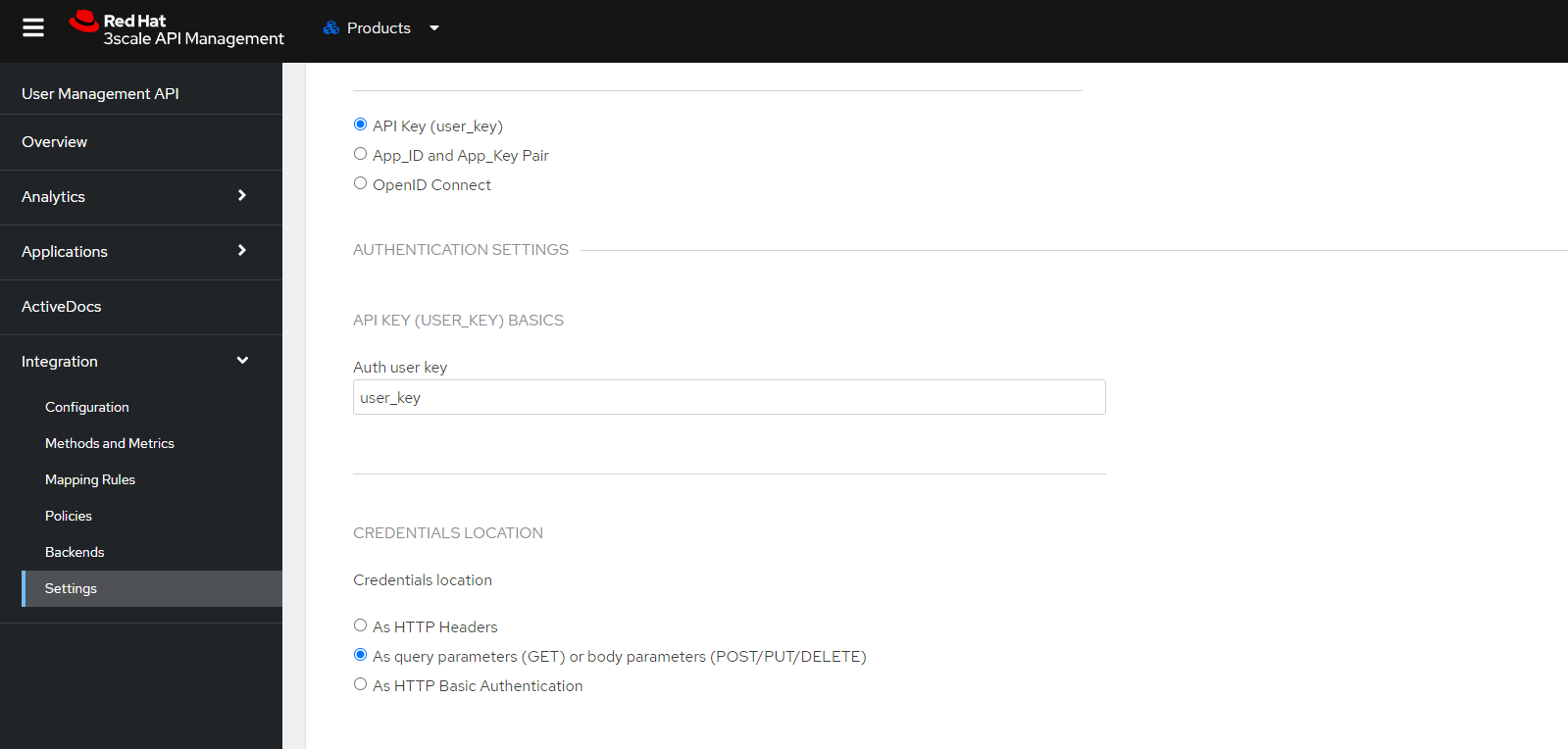 Product Settings page with options for an API key, app ID, or OpenID Connect.