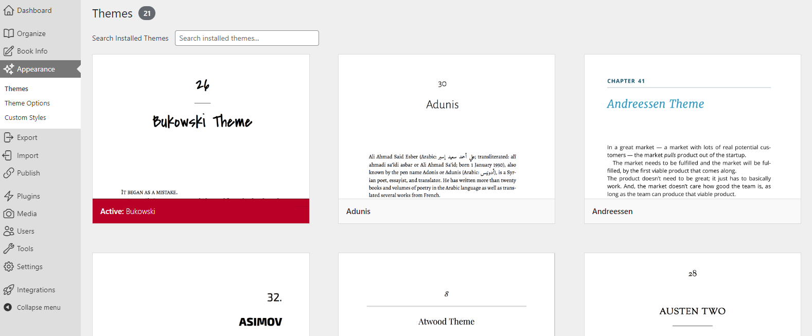 Screenshot of theme options on Pressbooks