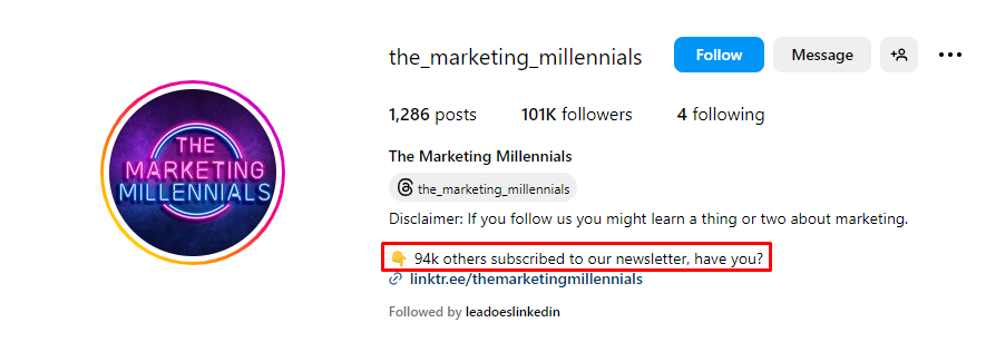 screenshot of Marketing Millenials Instagram Link in bio