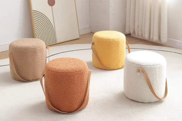 Round ottoman in Orange, Yellow, White and Brown, upholstered in teddy fleece and  elastic sponge