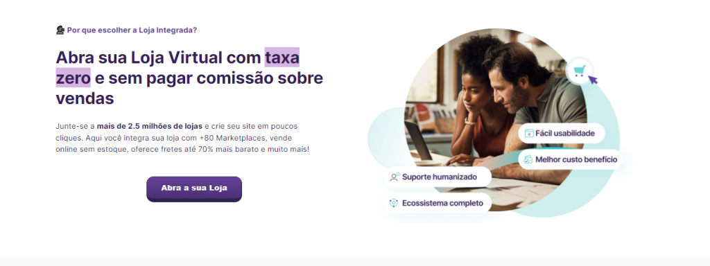 Início do site da Loja Integrada indicando a facilidade de abrir um e-commerce