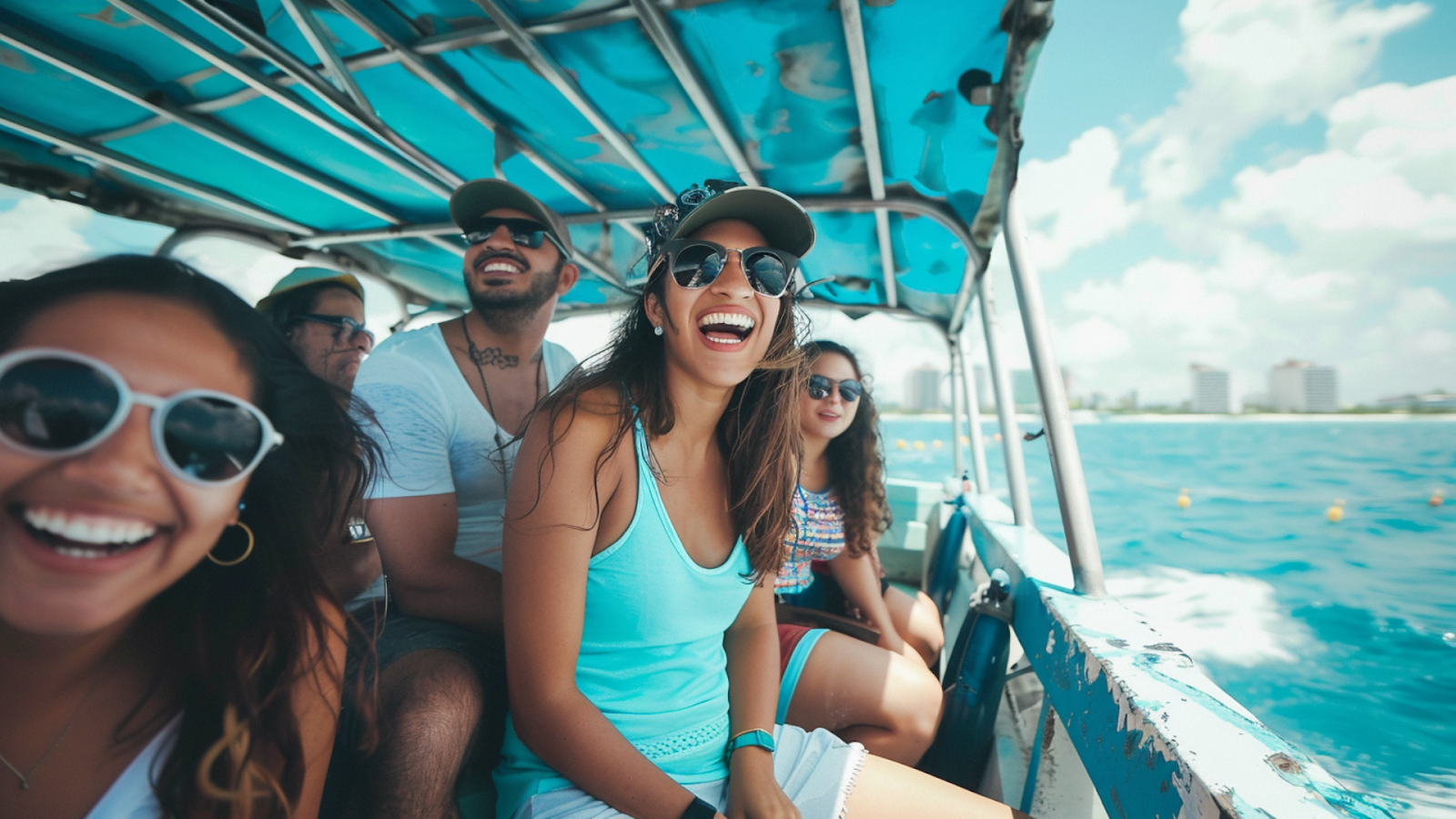 A group of people riding a ferry going to Isla Mujeres in Cancun