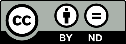 A symbol of the letters CC. A symbol of a stick figure with the letters BY underneath. A symbol of an equal sign with the letters ND underneath.