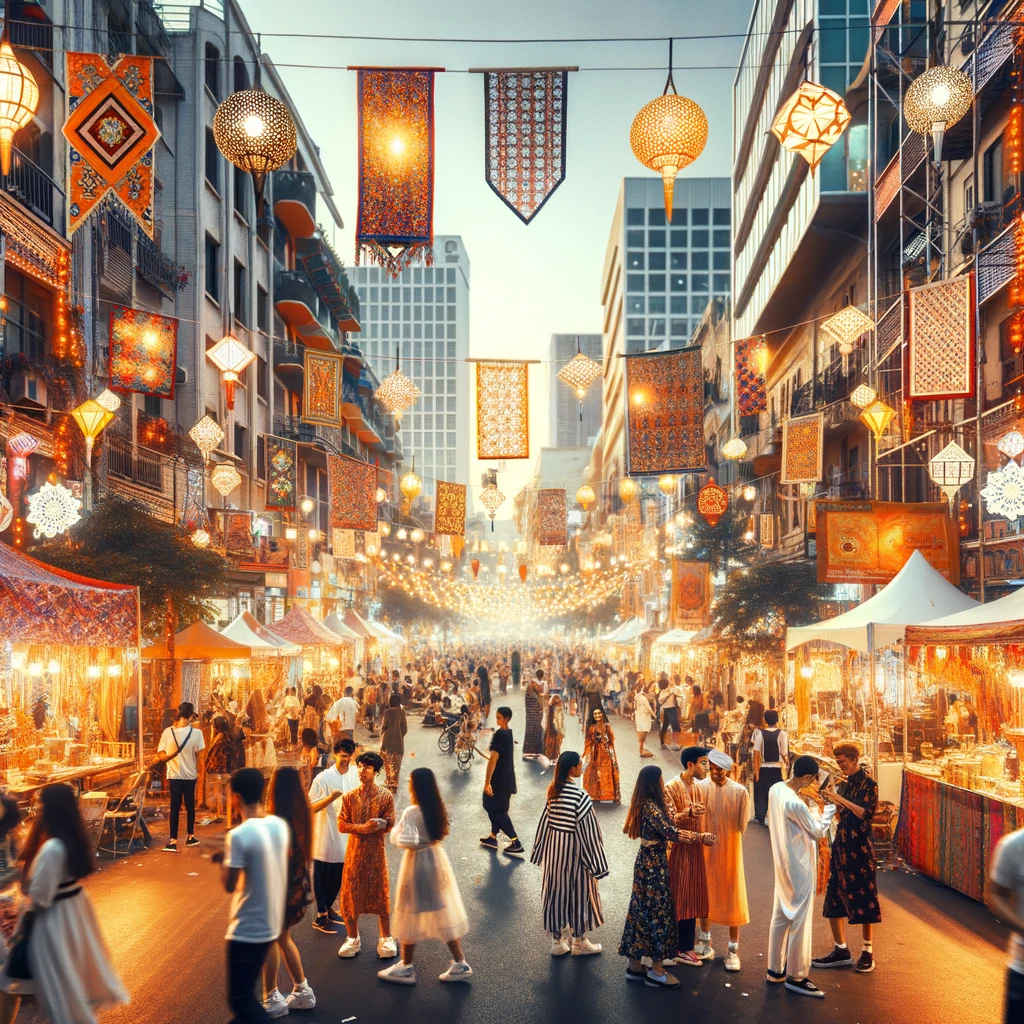 Photo of a lively urban setting during a cultural festival. The city streets are alive with energy, illuminated by hanging lanterns and string lights. Decorative banners and flags sway in the breeze. People of different genders and ethnic backgrounds are dressed in festive attire, dancing to the rhythm of traditional music. Street vendors offer a variety of local delicacies, adding to the festive spirit.