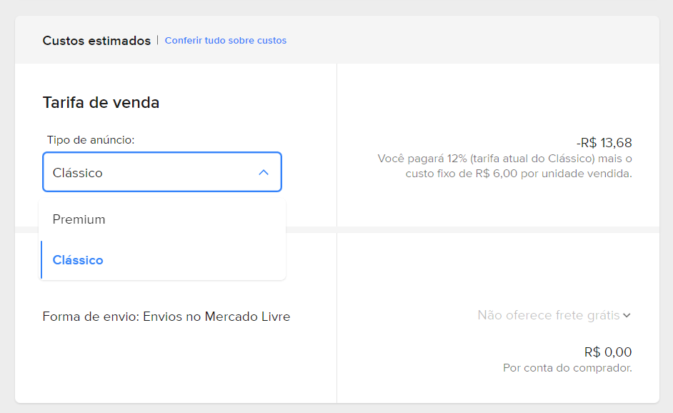 custos estimados de tarifas no mercado livre