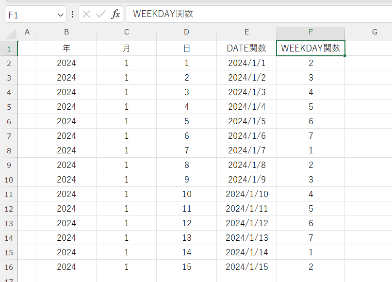 excel 関数 曜日