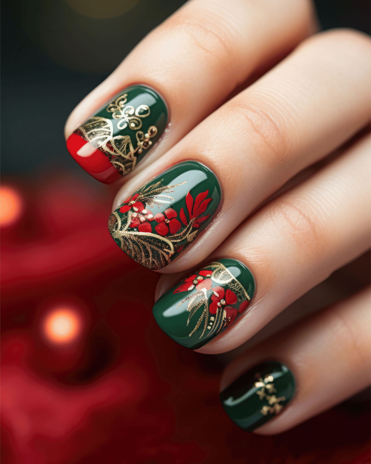 Green nails with a Christmas design of red holly