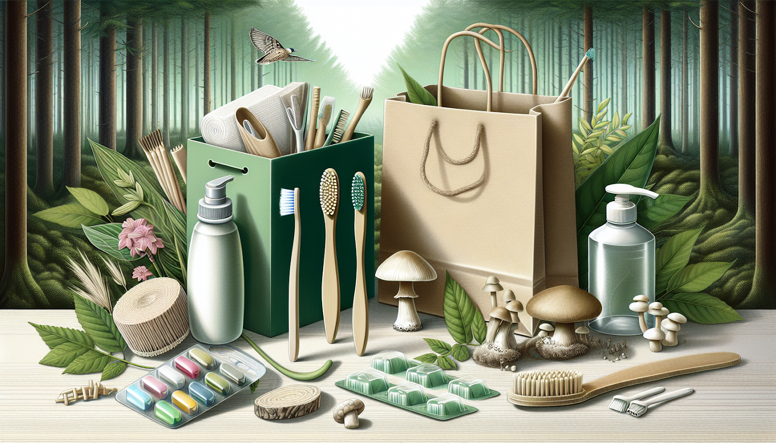 Illustration of biodegradable and compostable products replacing traditional plastics