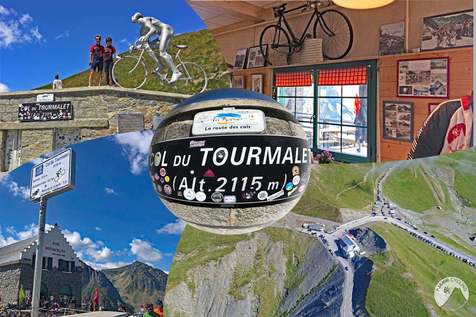 Photo collage shows silver biker statute at top of Col du Torurmalet, views from the climb summit, sign for Col du Tourmalet, Tour de France 2022