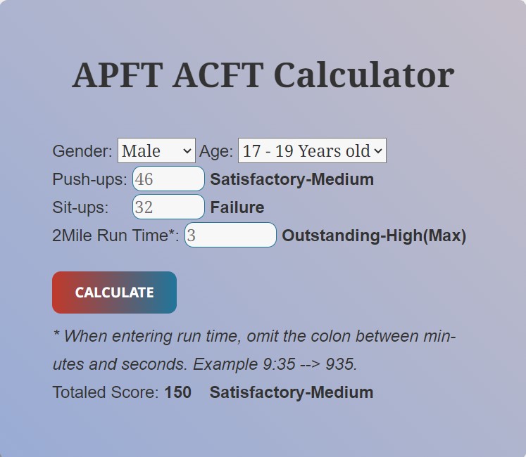 using a Army’s Combat Fitness Test calculator as a teenager