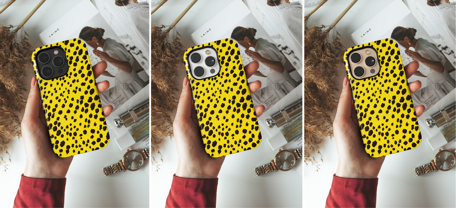 Realistic phone case mockups women holding phone case