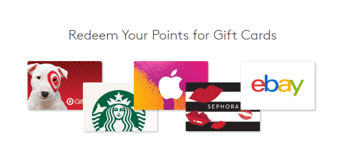 A MyPoints web page displaying gift cards from Target, Starbucks, Apple, Sephora, and eBay.