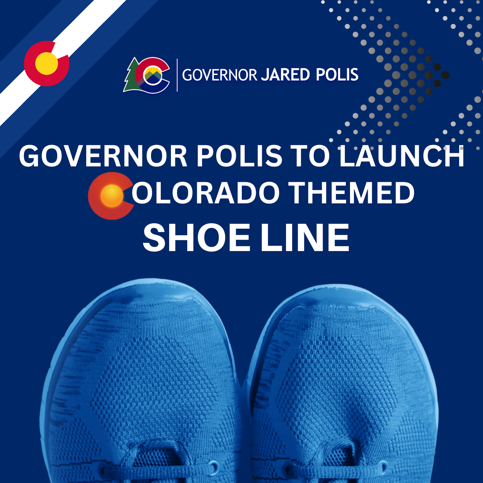 Governor Polis to launch Colorado-themed shoe line. Image of blue shoes.