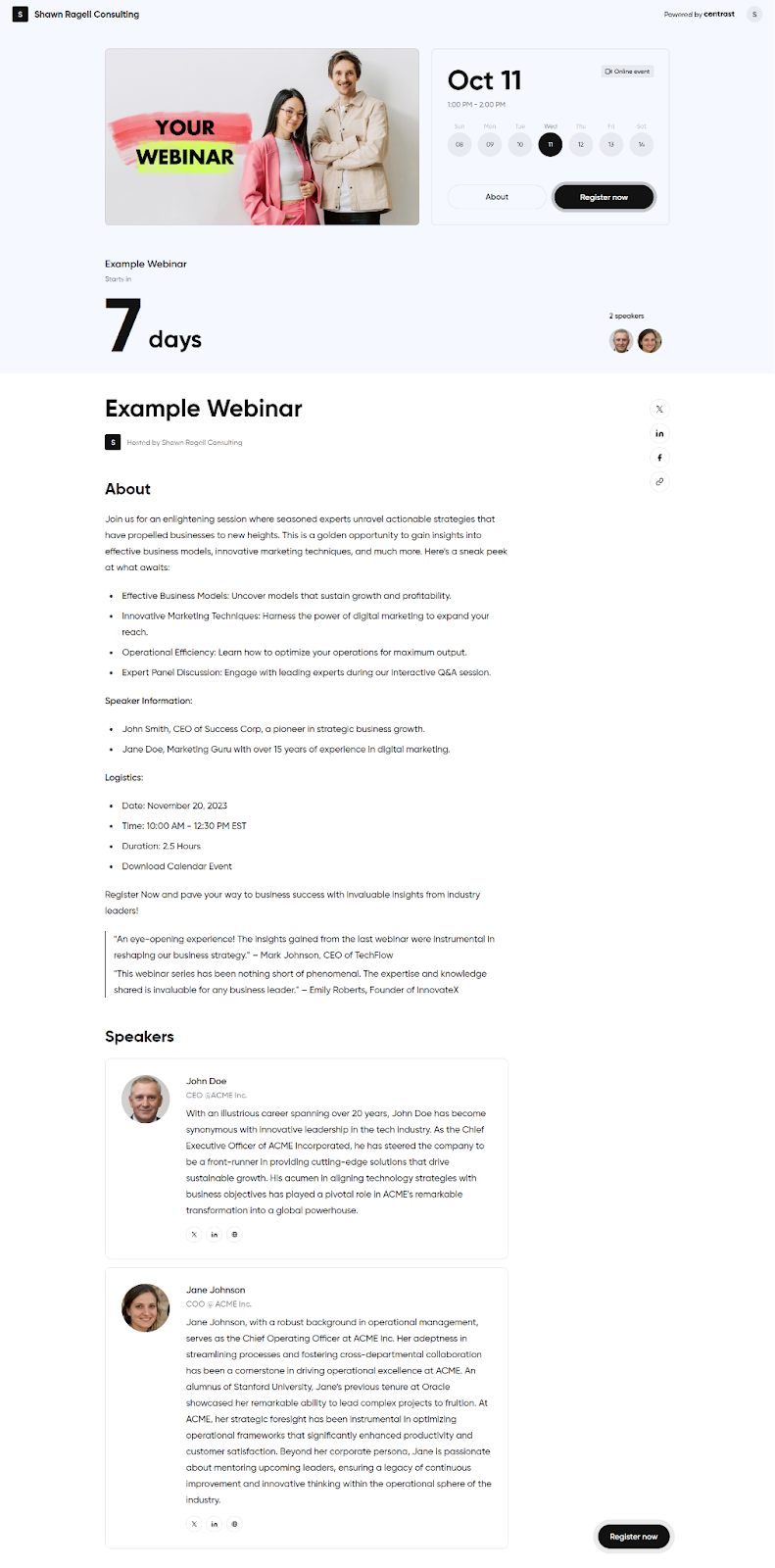 Screenshot of example webinar registration page build in Contrast