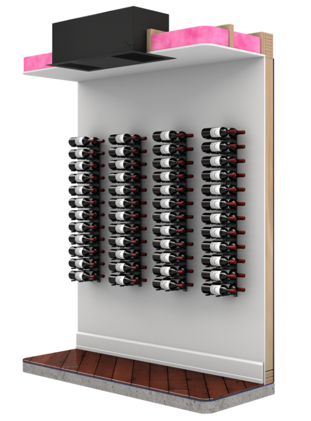 A wine rack with many bottlesDescription automatically generated