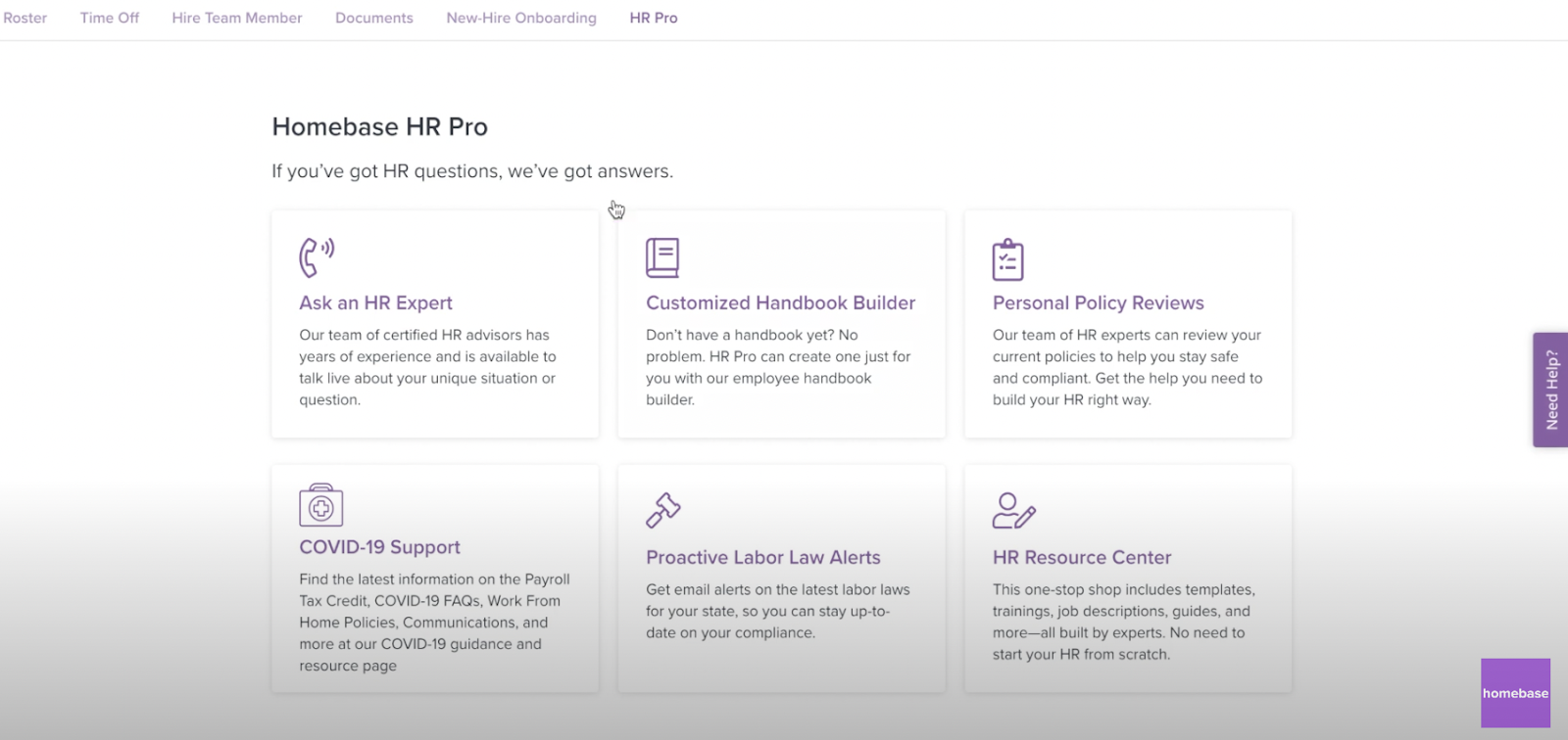 A screenshot of an interface from Homebase's HR pro tool.
