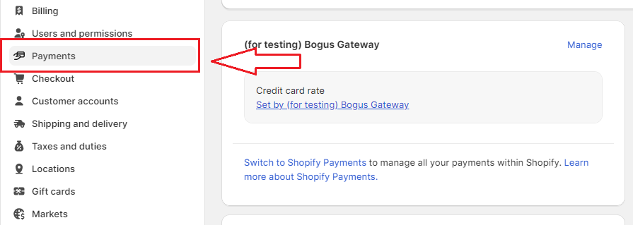 Shopify Payments Settings