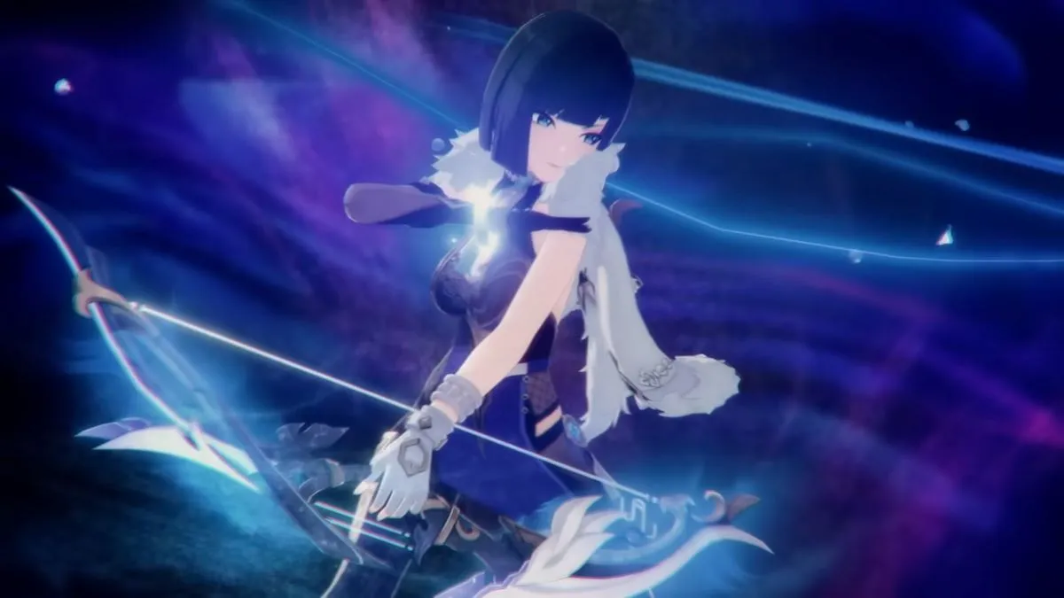 Yelan using her bow and Hydro powers during combat.