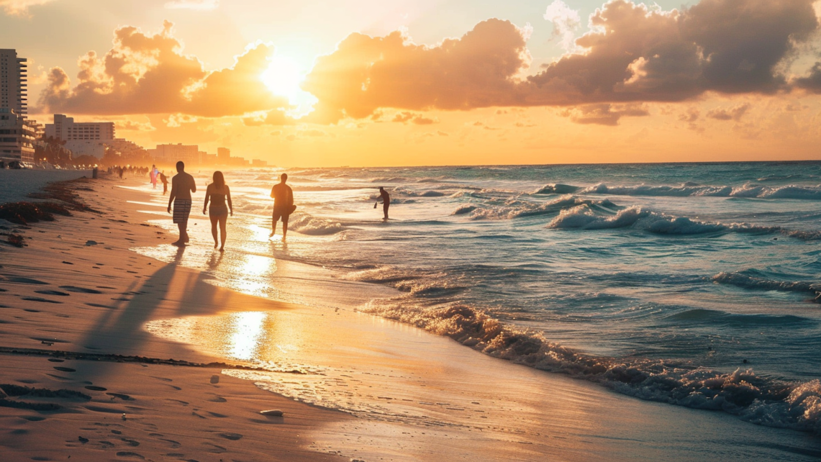 People walking along the shore during sunset in Cancun