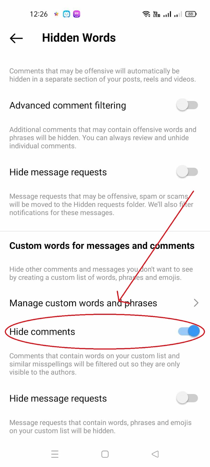 Hide Comments on Instagram Live - Toggle On Hide Comments