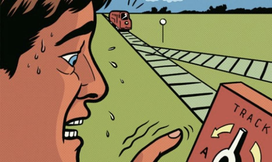 An illustrated comic of a person panicking while deciding to press a button for the trolley problem. 