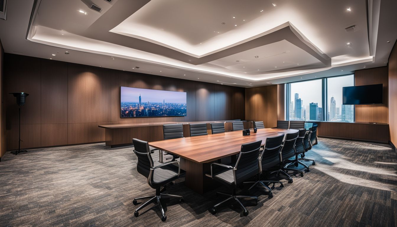 An empty conference room ready for panel discussions with various perspectives.