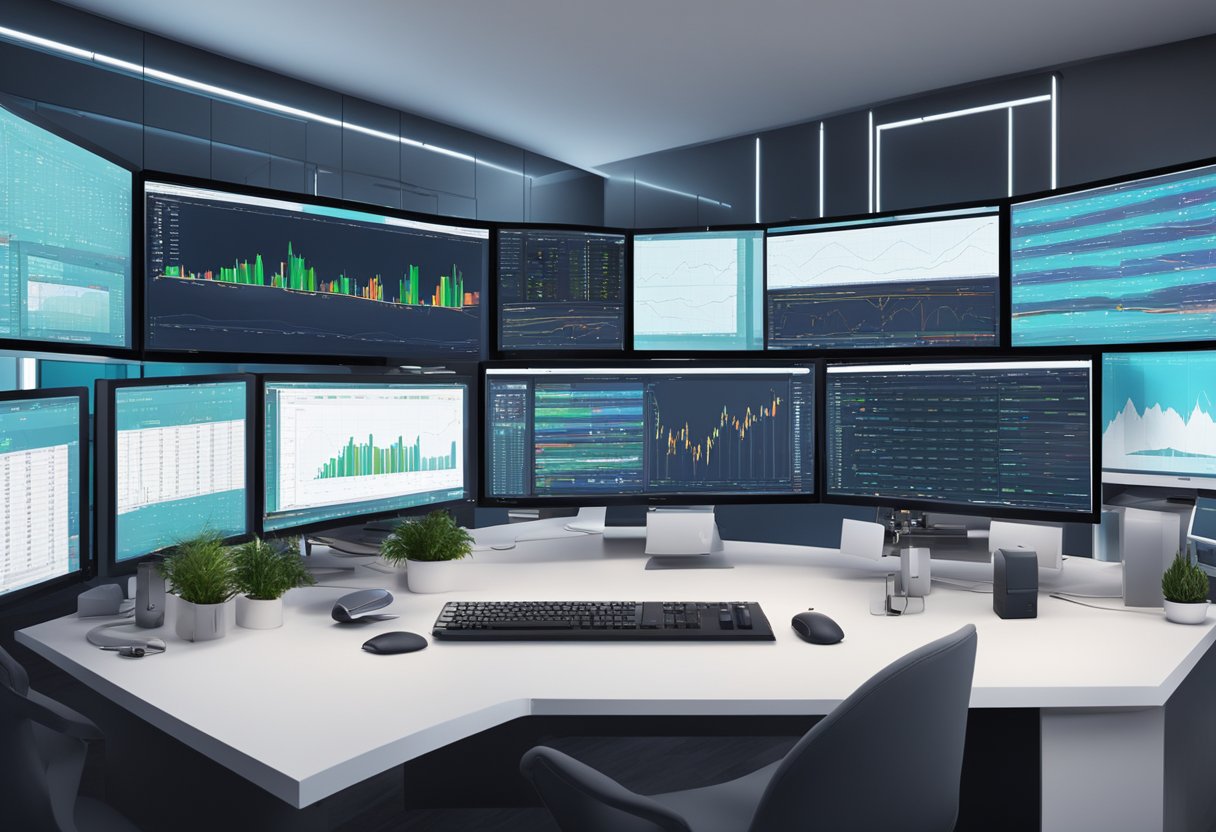 A sleek and modern trading desk setup with multiple computer screens displaying live market data and charts, surrounded by luxurious decor and high-end technology equipment